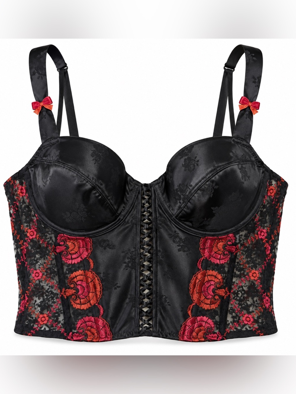 SIMONE PÉRÉLE VTG 90s Black Longline Bustier with Floral Embroidery 36B